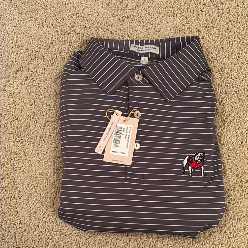 Peter Millar Navy Striped Polo with Embroidered Bulldog